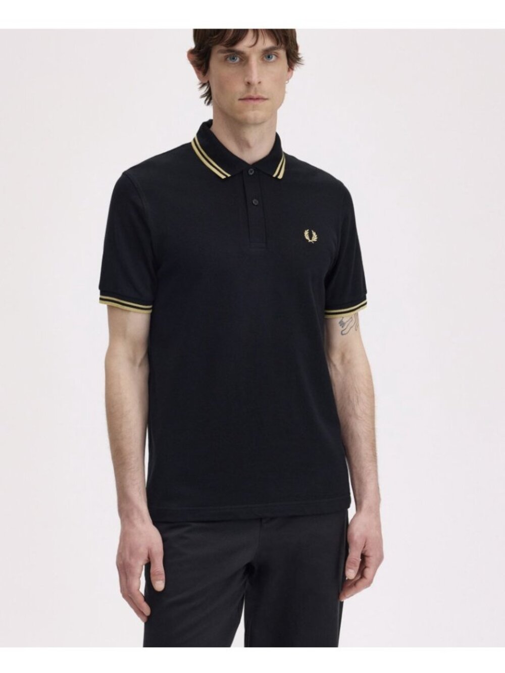 Fred Perry Polo Shirt Small 38" Black Champagne Tipped Made in England